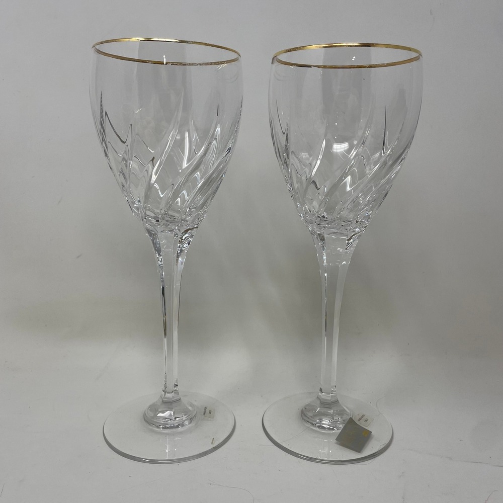 Mikasa Slovenia Park Lane Gold Crystal Swirl Wine Glasses Set of 2 Gold Rim 9"